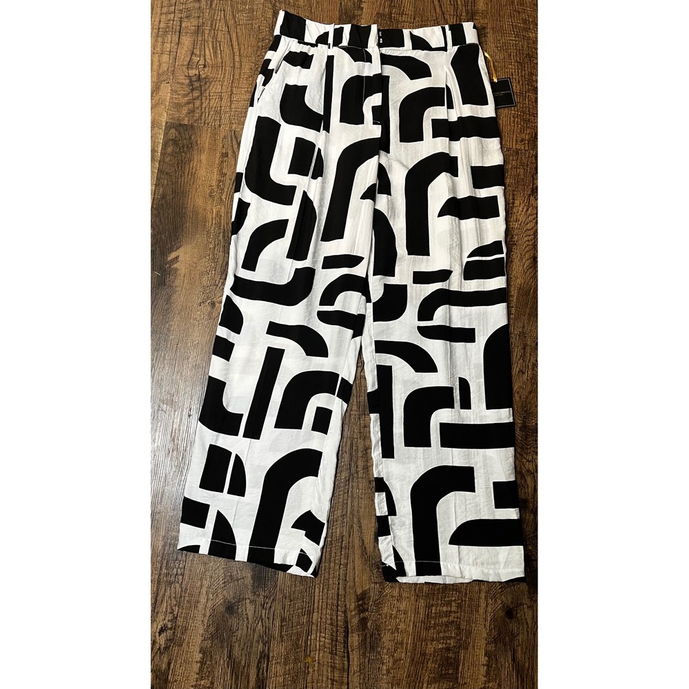 Christian Siriano Black White Geometric Abstract Wide Leg Pants Size 10